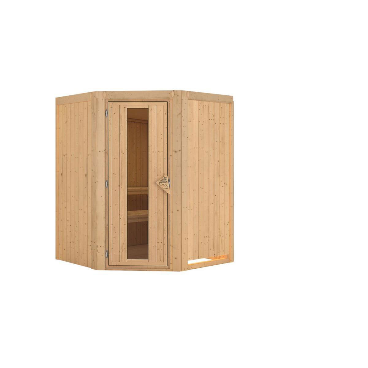 Karibu Sauna Larin Eckeinstieg Tür gedämmt ohne Kranz ohne Ofen Bild 2