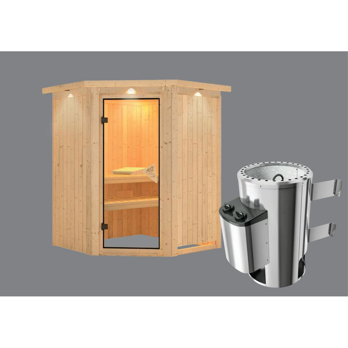 Karibu Systemsauna Nanja 68 mm 3,6 kW Ofen integr Strg mit Kranz Bild 2