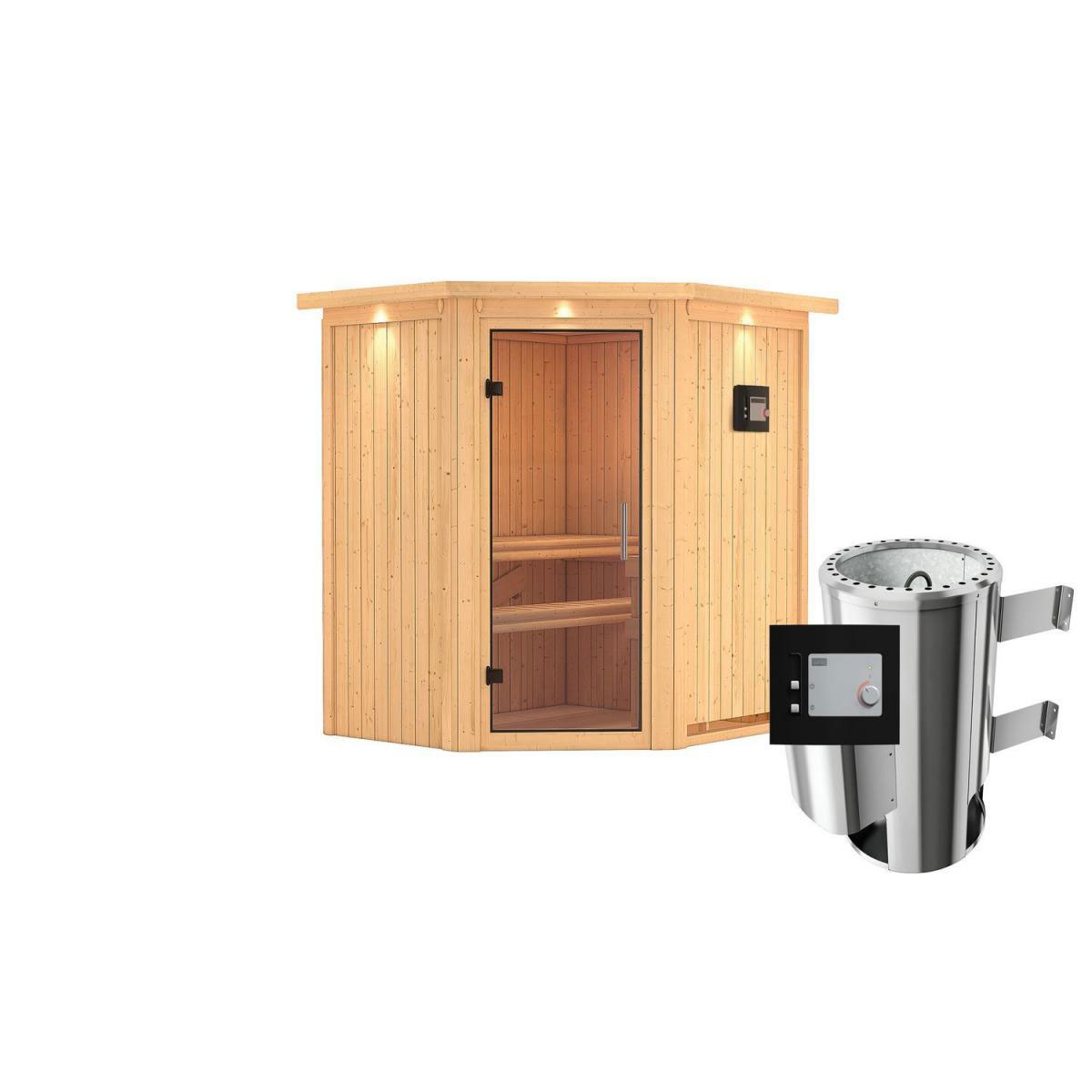 Karibu Sauna Tonja Eckeinstieg 3,6 kW Ofen externe Strg modern mit Kranz Klarglas-Tür Bild 1
