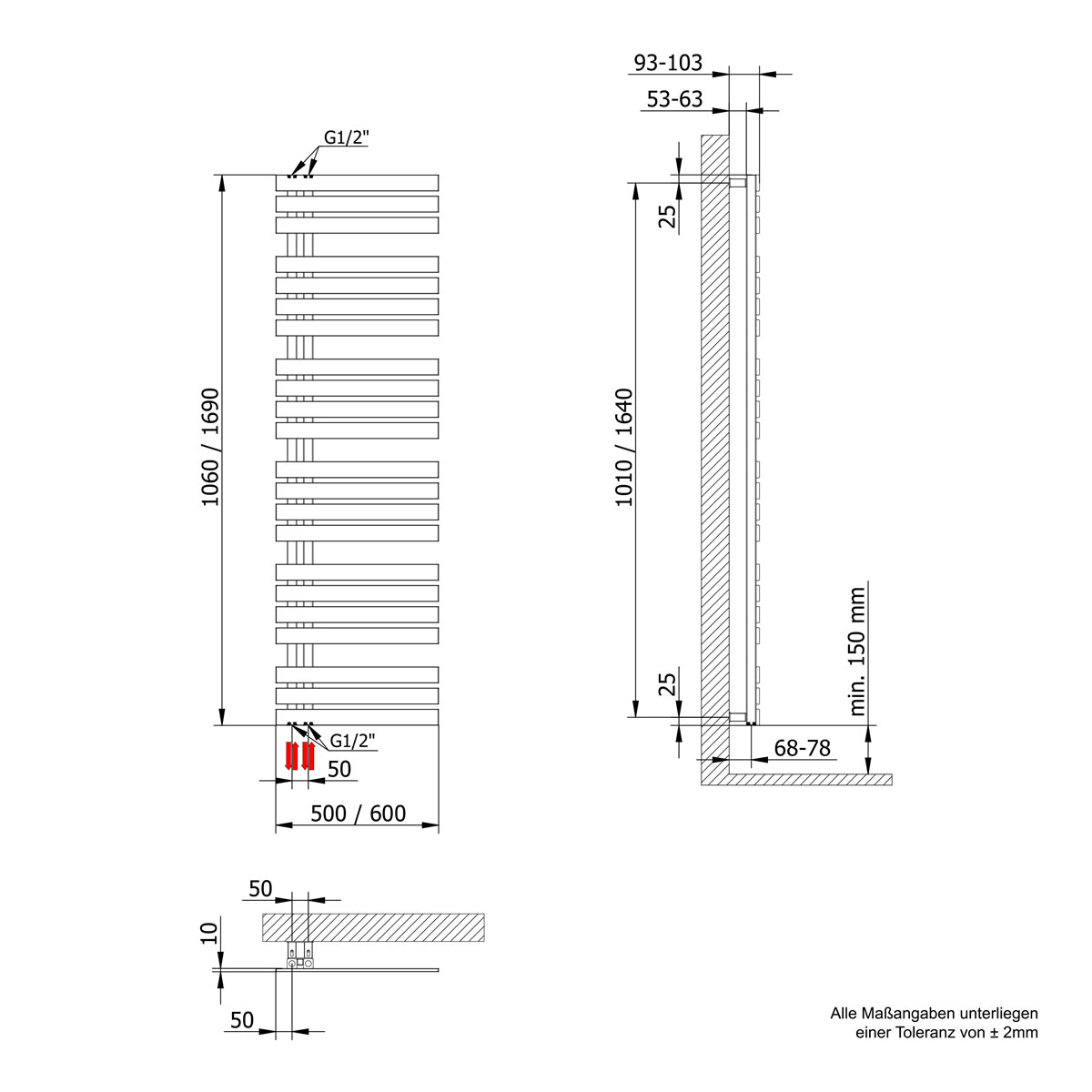 Schulte  Handtuchwärmekörper Breda steckerfertig inklusive Heizstab 1 Anschluss links 50 cm x 169 cm Bild 3