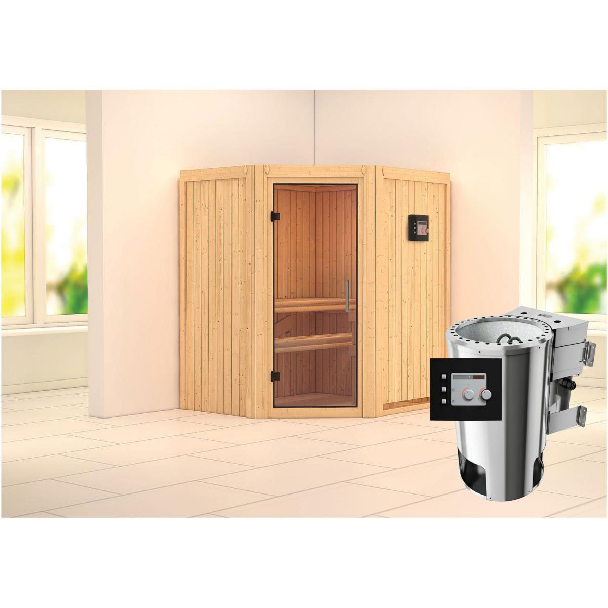 Karibu Sauna Tonja Eckeinstieg 3,6 kW Bio Ofen kein Kranz Klarglas-Tür Bild 6