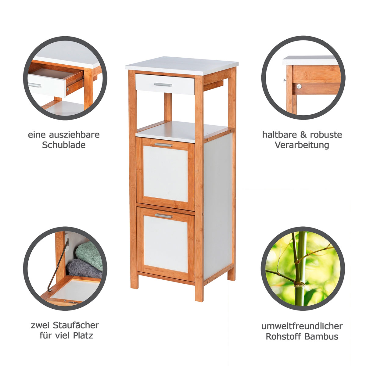 Wenko  Regal Finja aus Bambus mit 2 Ablagen 2 Fächern und Schublade 34 x 89 x 30 cm Bild 2