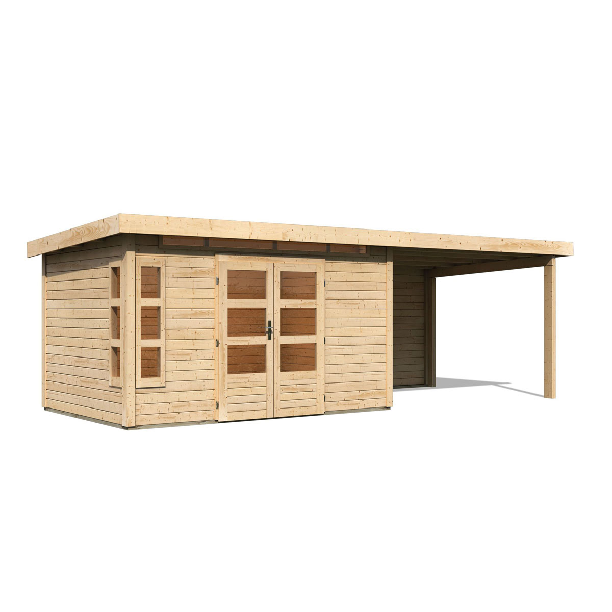 Karibu  Blockbohlenhaus Kastorf 7 naturbelassen mit Anbaudach und Rückwand Bild 3