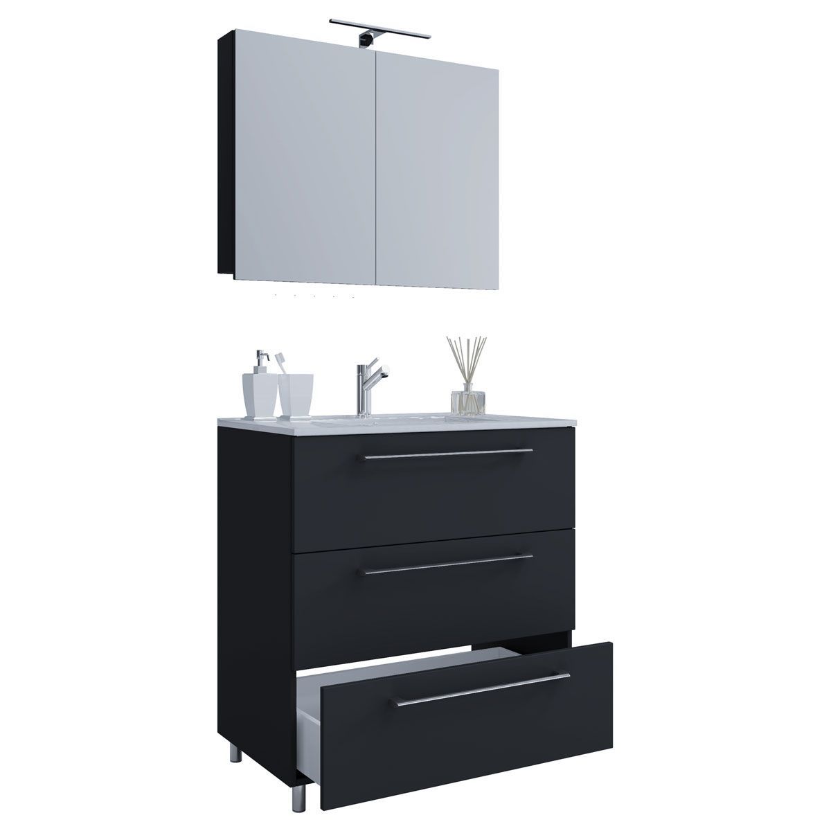 Stand-Waschplatz 80 cm 3-teilig 3 Schubfächer mit Spiegelschrank schwarz