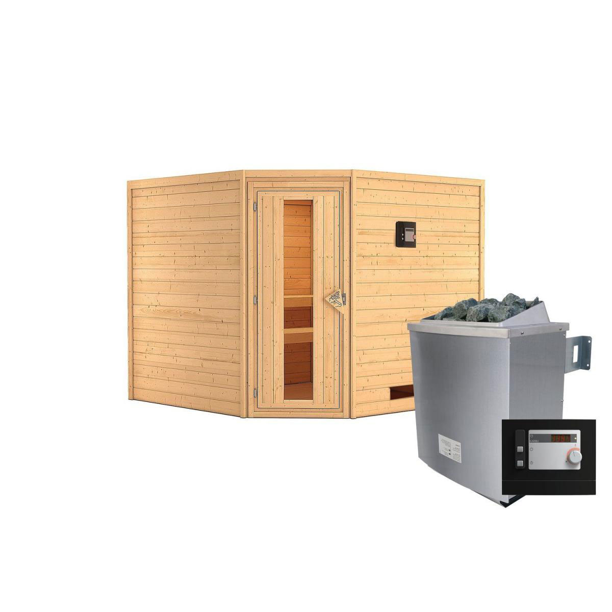 Karibu Sauna Leona Eckeinstieg 9 kW Ofen externe Strg modern kein Kranz Energiespartür Bild 1