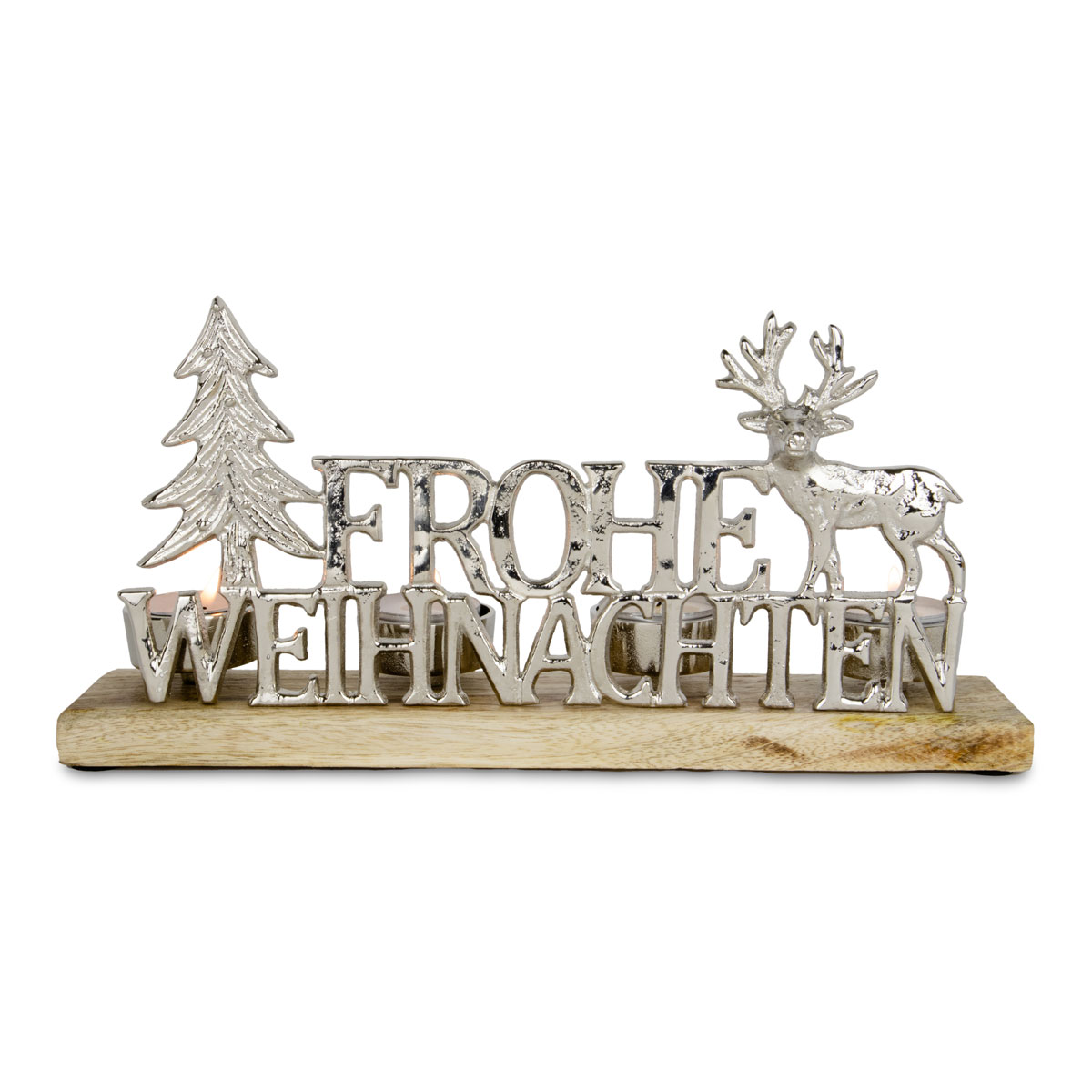 Tischdeko mit Schriftzug 4 Kerzenhalter Aluminium 30 x 6,5 x 15 cm