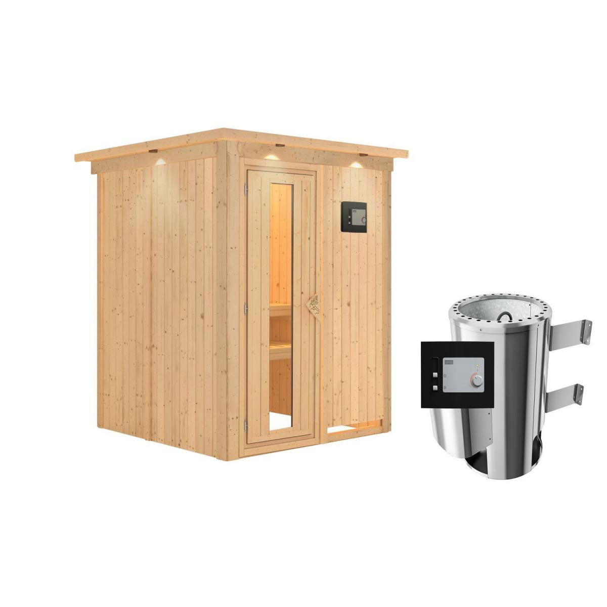 Karibu Sauna Minja Fronteinstieg 3,6 kW Ofen externe Strg mit Kranz Energiespartür Bild 1
