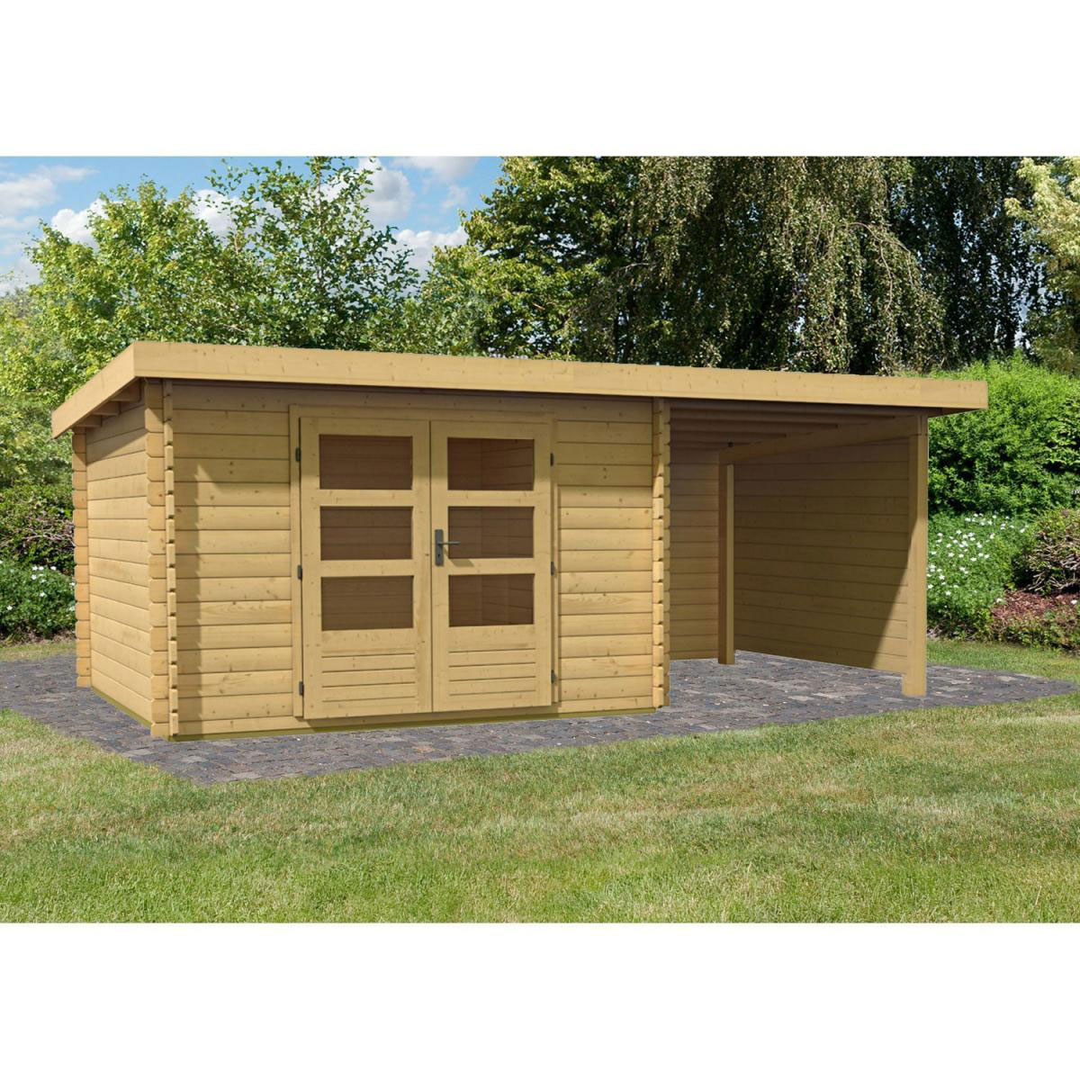 Karibu Gartenhaus Bastrup mit Schleppdach 200 cm und Seiten-/Rückwand naturbelassen 300 x 262 x 202 cm Bild 1