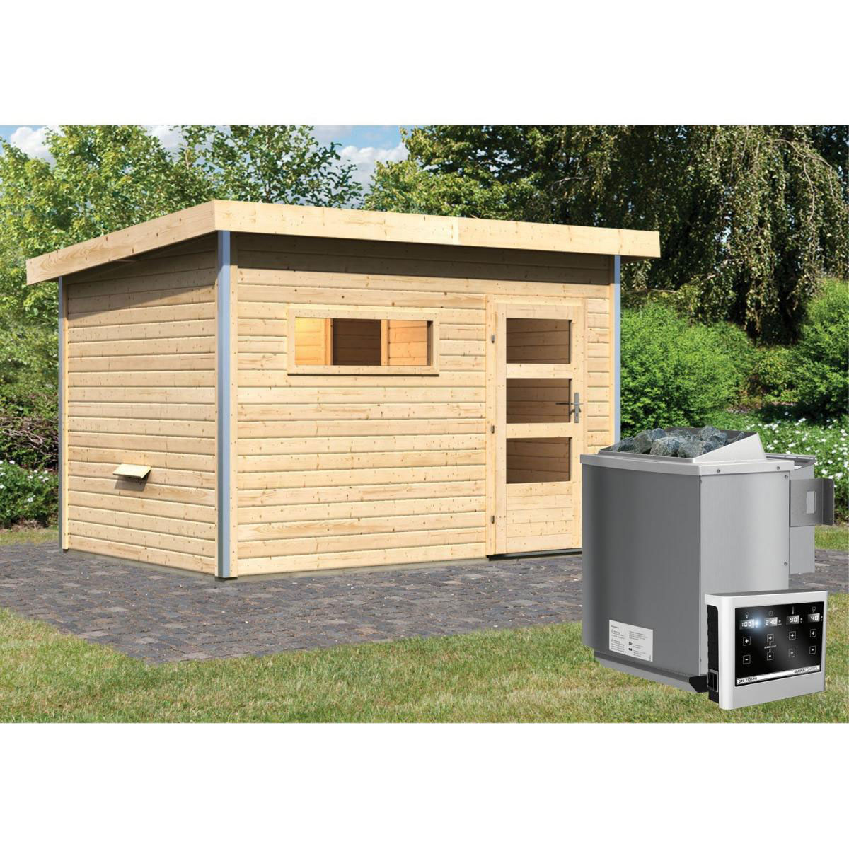 Karibu Saunahaus Skrollan 2 38 mm 9 kW Bio Ofen externe Strg Milchglastür Bild 6