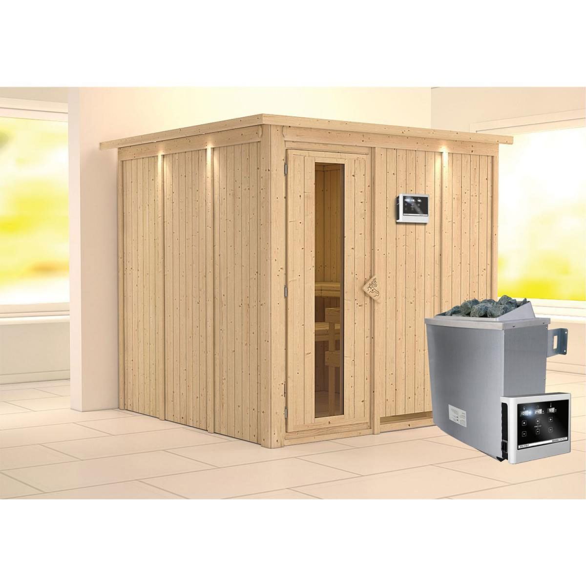 Karibu Sauna Rodin Fronteinstieg 9 kW externe Strg modern Tür gedämmt mit Kranz Bild 1