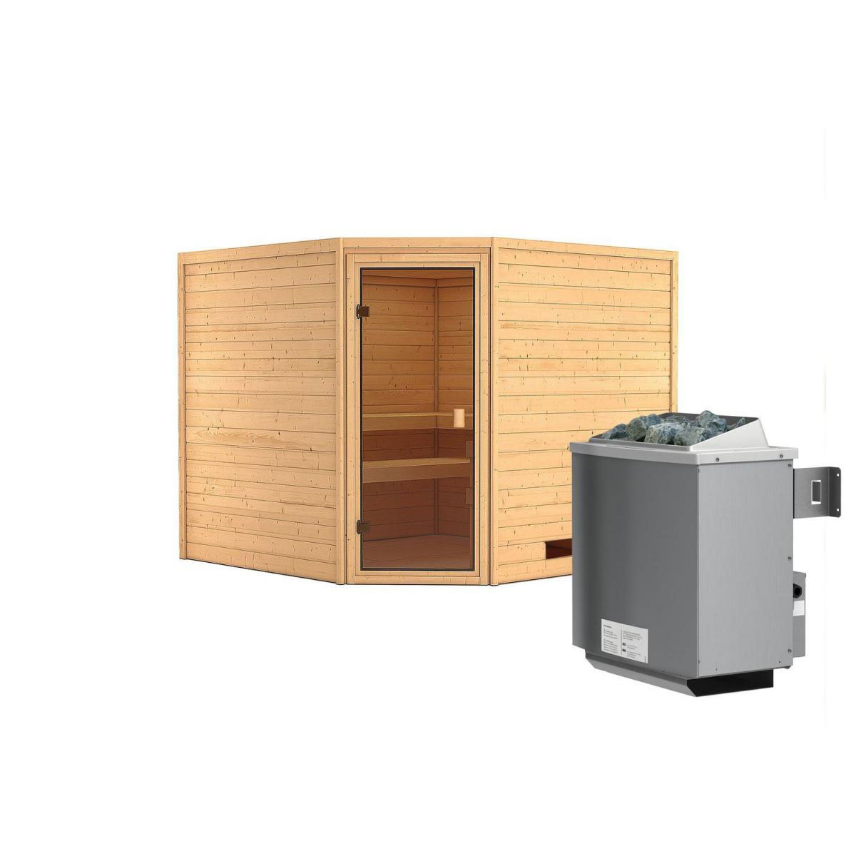 Karibu Sauna Leona Eckeinstieg 9 kW Ofen integr Strg kein Kranz bronzierte Glastür Bild 1