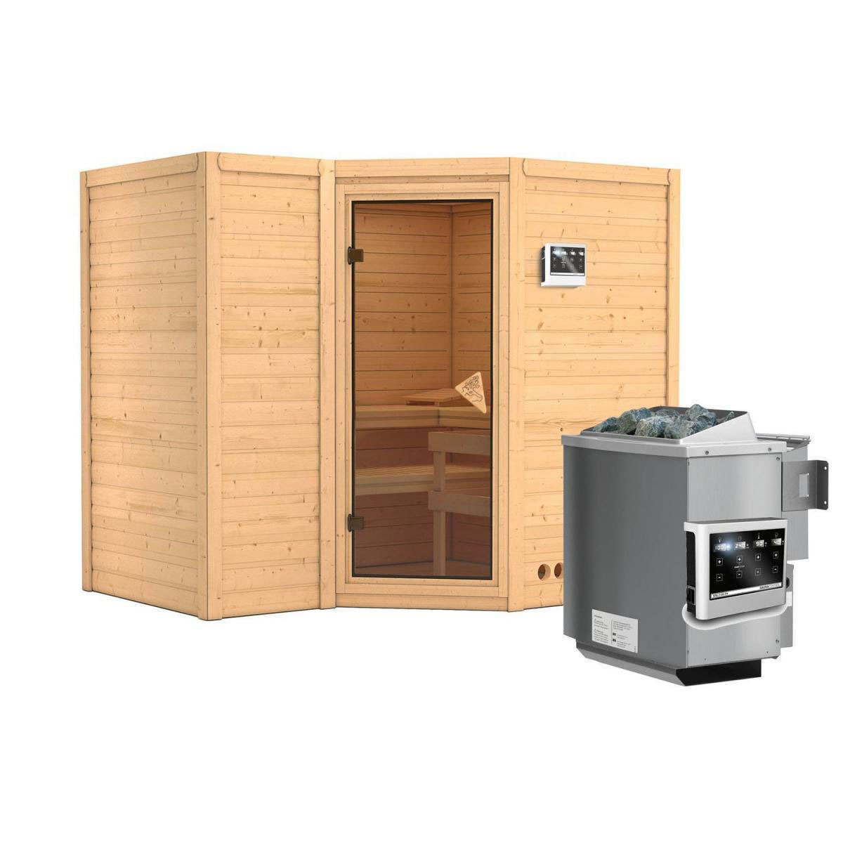 Karibu Massivholzsauna Sahib 2 40 mm 9 kW Ofen Bio externe Strg ohne Dachkranz Bild 2