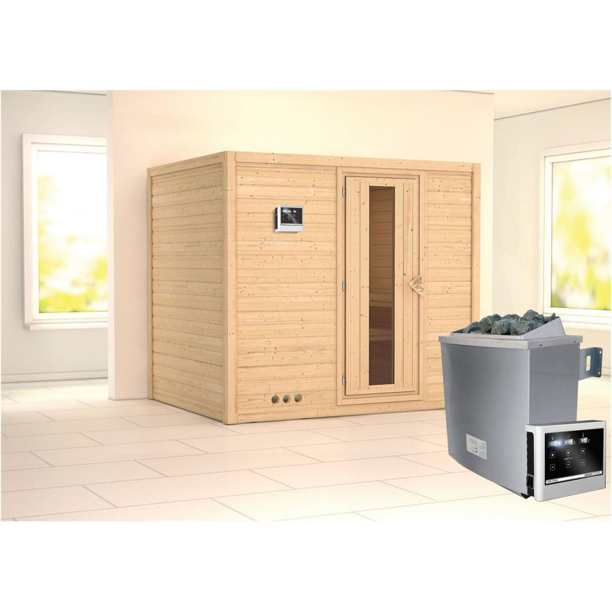 Karibu Sauna Sonara Fronteinstieg 9 kW Ofen externe Strg extern Tür gedämmt ohne Kranz Bild 1