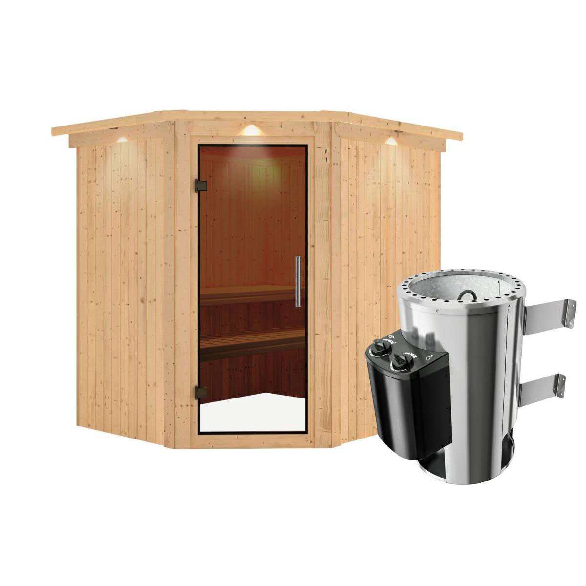 Karibu Sauna Lilja Eckeinstieg 3,6 kW Ofen integr Strg mit Kranz graphitfarbene Glastür Bild 2