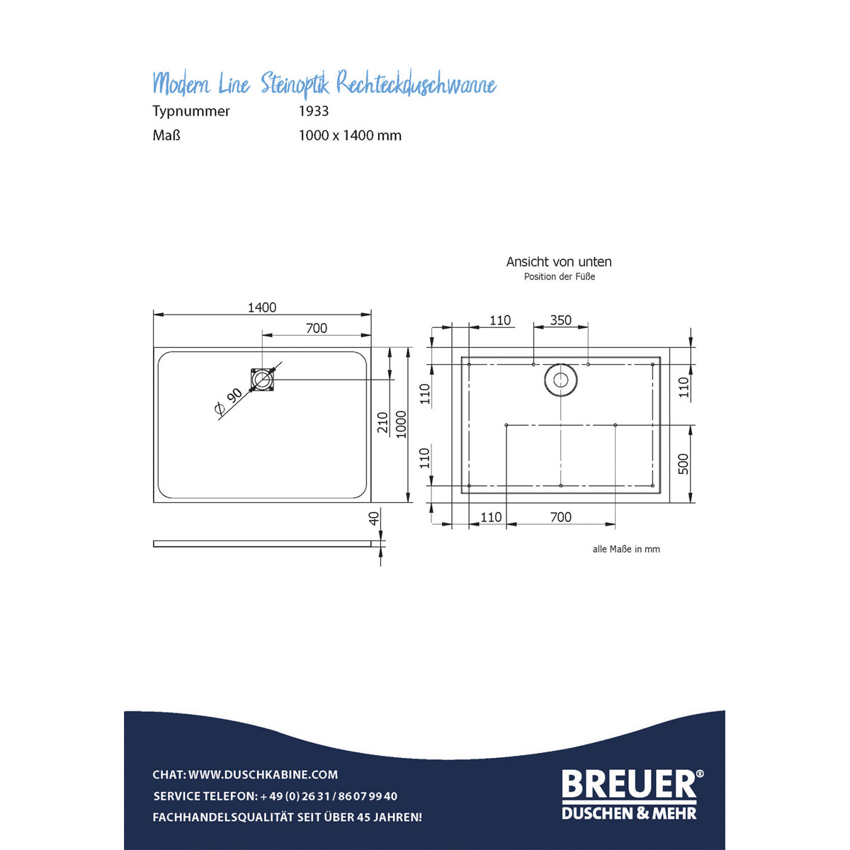 Mineralgruss-Duschwanne Modern Line Steinoptik, Sandstein, 1000 / 1400 mm Bild 2