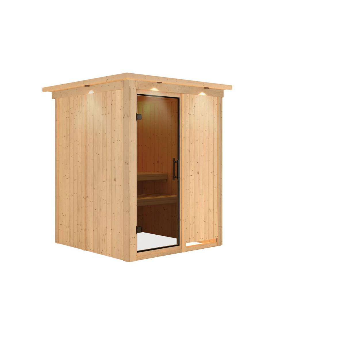 Karibu Sauna Minja Fronteinstieg ohne Ofen mit Kranz graphitfarbene Glastür Bild 1