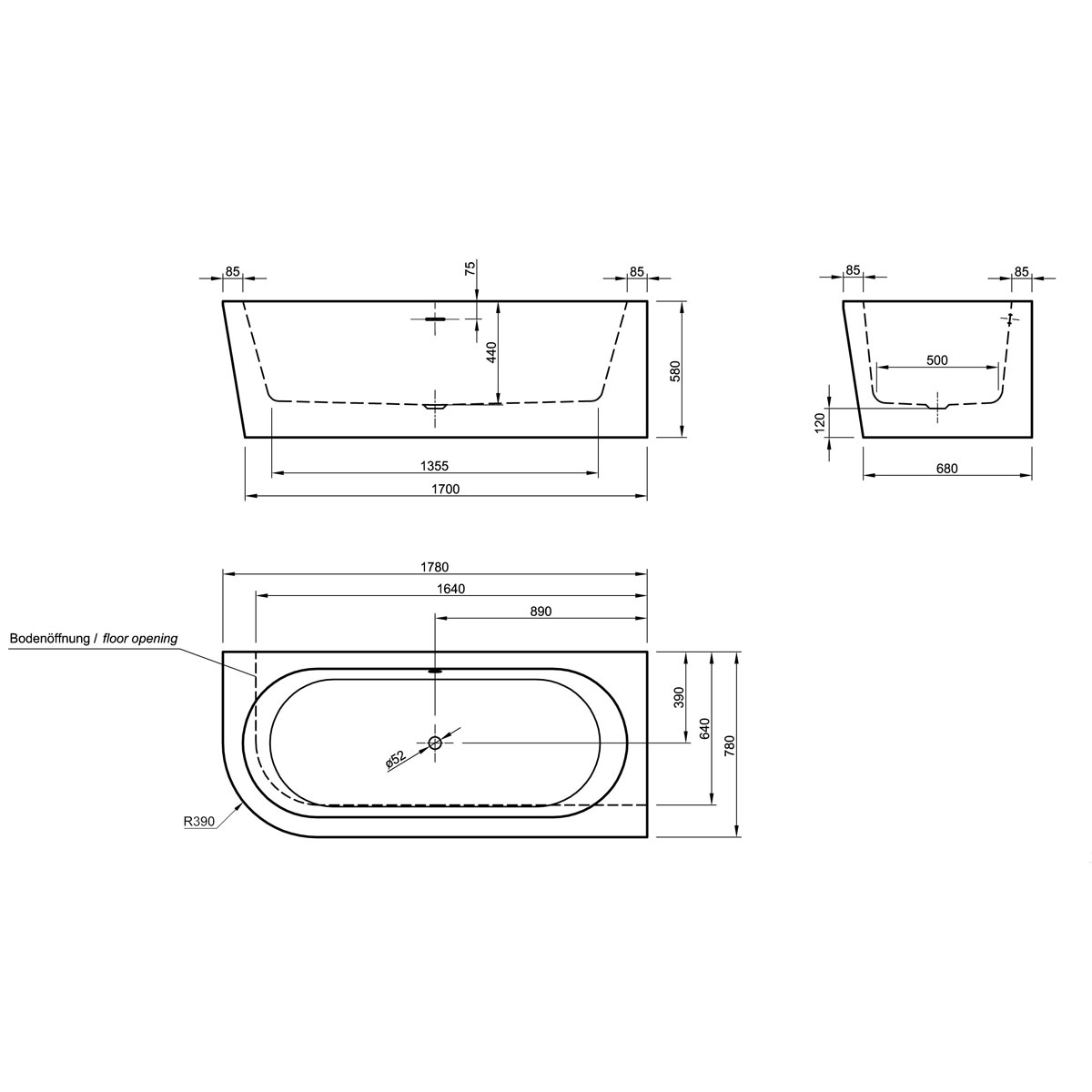 Ottofond Badewanne Modena Corner 178 x 78 cm schwarz/weiß Ausführung Modell B Bild 3