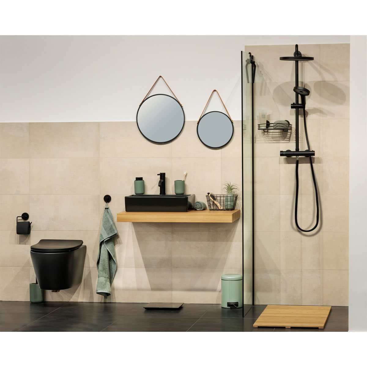 Wenko  Wandspiegel Borrone rund 40 cm schwarz mit Aufhänge-Gurt Bild 3