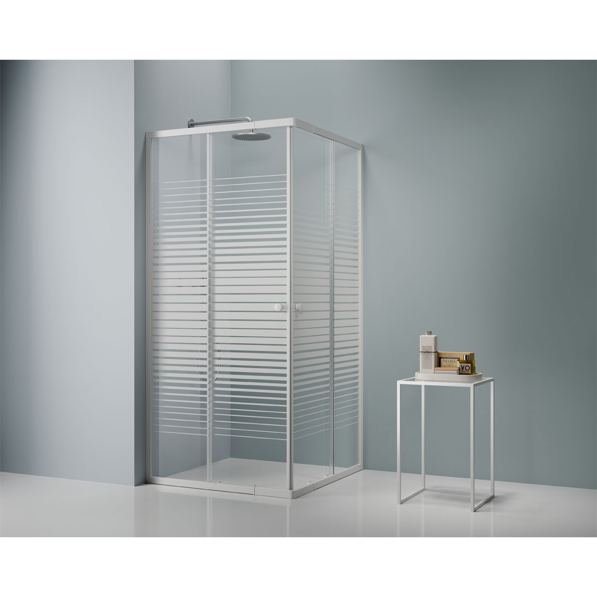 Variabler Eckeinstieg, Farbe: Weiss, m. Streifen, 75-90x75-90cm