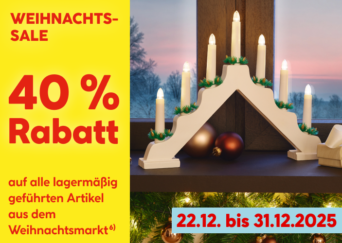 Weihnachts-Sale: 40 Prozent Rabatt auf alle lagermäßig geführten Artikel aus dem Weihnachtsmarkt