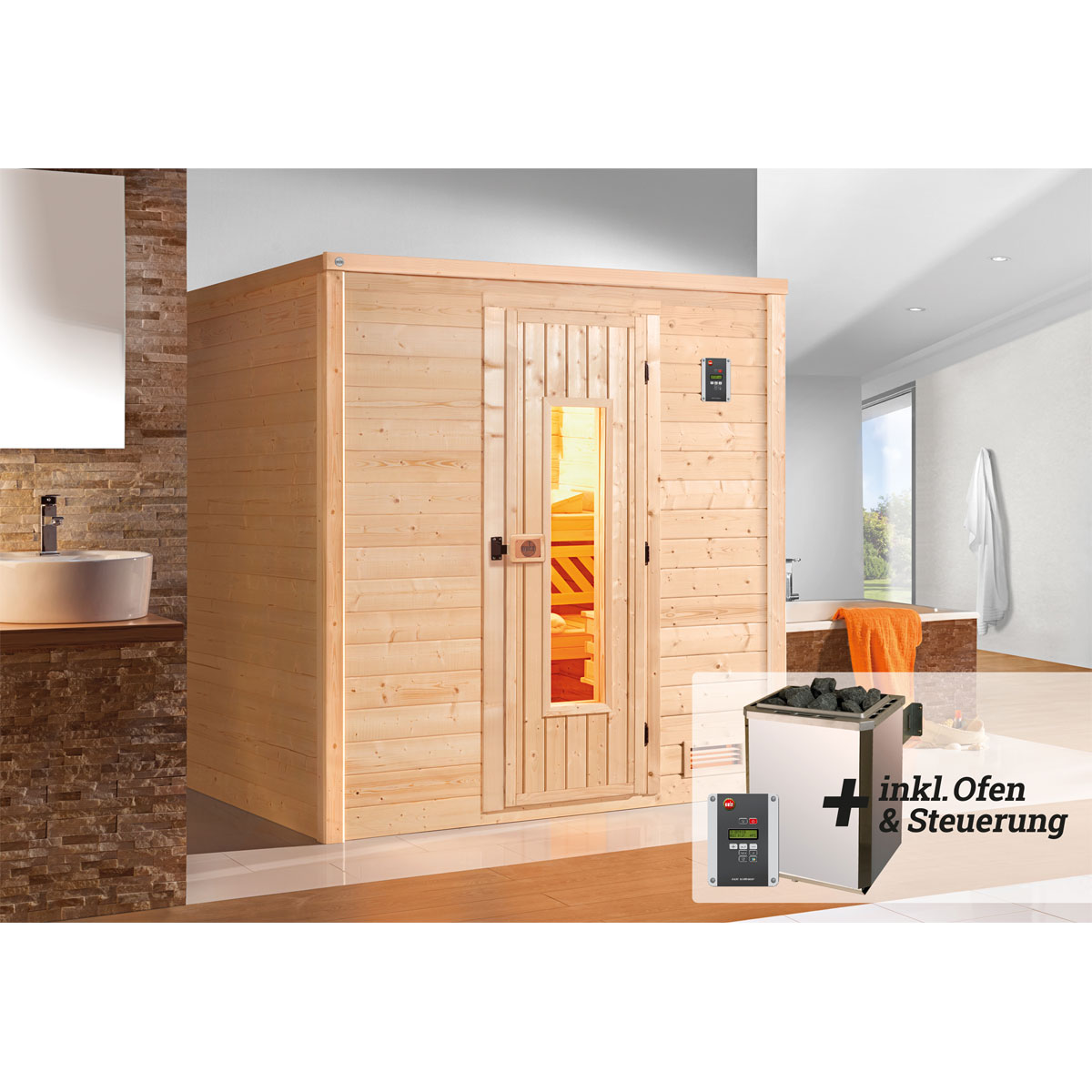 Weka  Premium Massivholz-Elementsauna Kemi Größe 5 Sparset 7,5 kW OS Bild 2