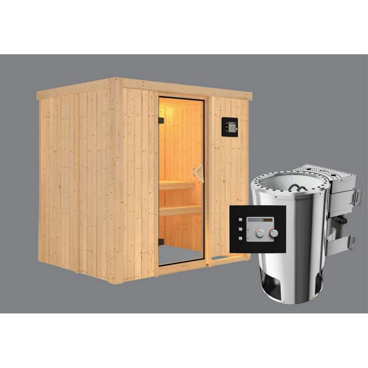Karibu Systemsauna Fanja 68 mm 3,6 kW Ofen Bio externe Strg ohne Dachkranz Bild 2