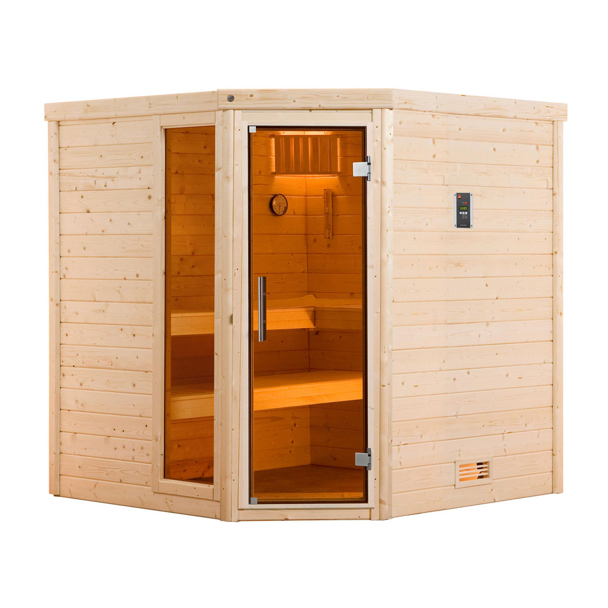 Weka  Premium Massivholz-Sauna TURKU Eck Größe 2 Sparset 7,5 kW Bio S Glastuer
