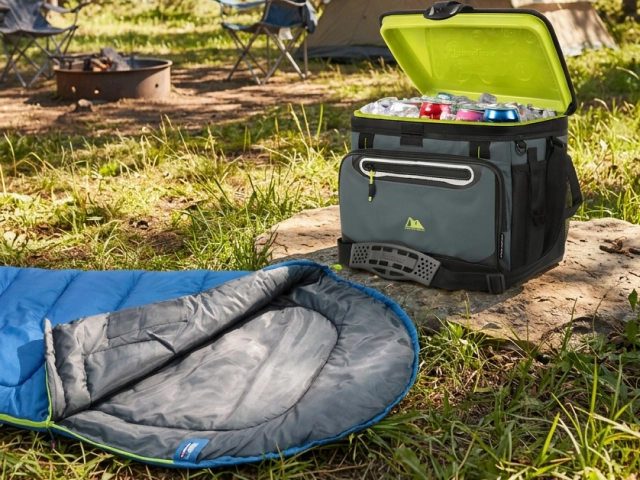 Schlafsack und Kühltasche auf dem Rasen im Schatten