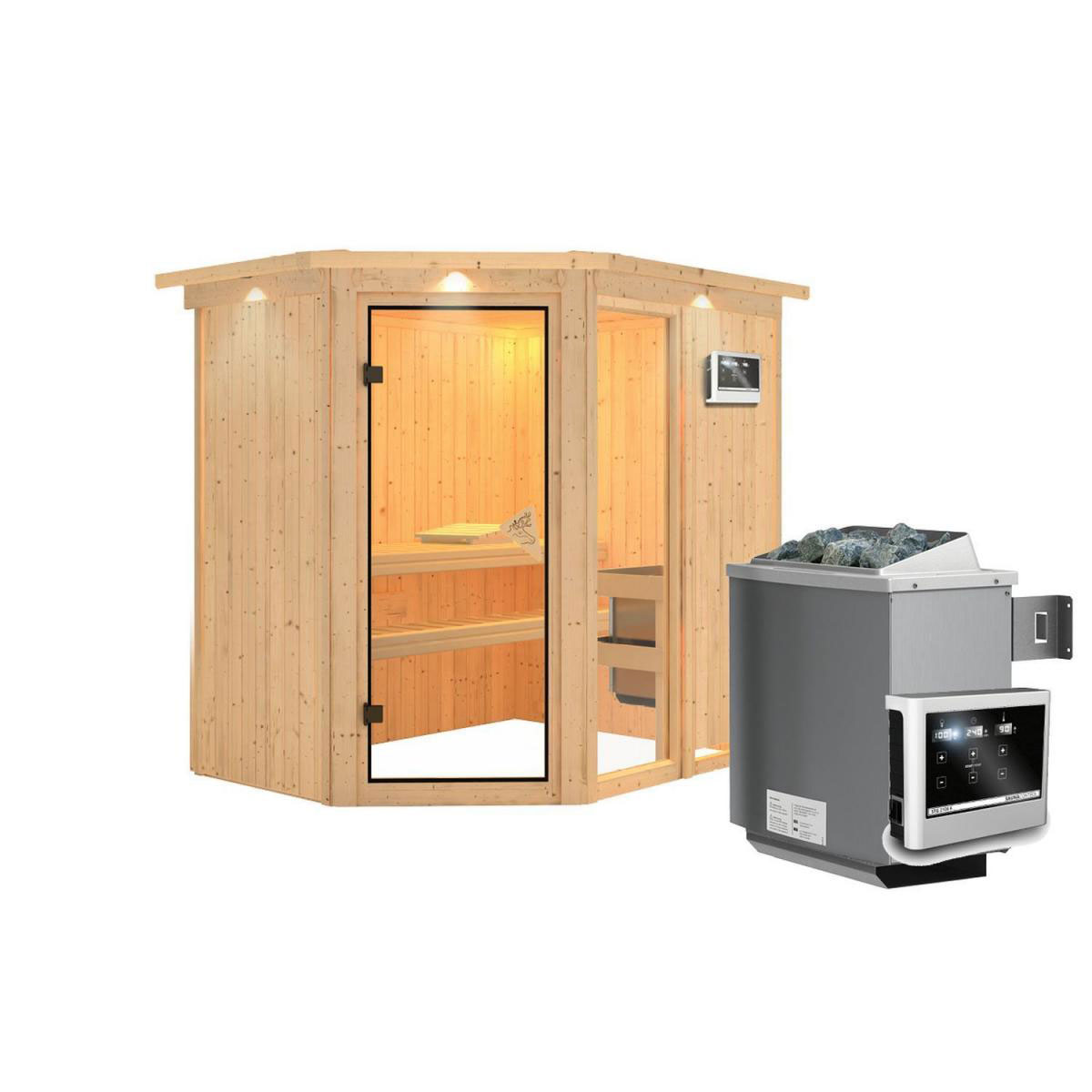 Karibu Systemsauna Fiona 1 68 mm 9 kW Ofen externe Strg modern ohne Dachkranz Bild 2