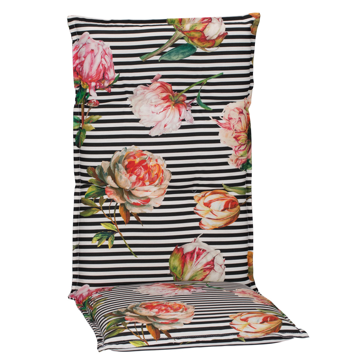 Saumauflage Toronto BE129 Hochlehner rosé/pinke Pfingstrosen auf schwarz-weißen Streifen