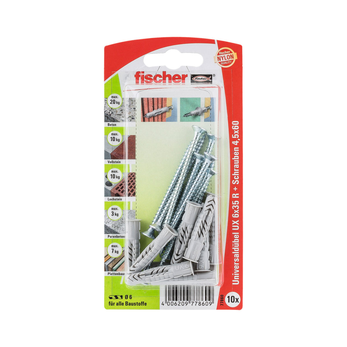 Fischer  Universaldübel UX 6 x 35 mm mit Rand und Schraube 10 Stück