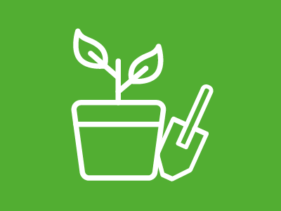Pflanzentopf Symbol mit Schaufel auf grünem Hintergrund.
