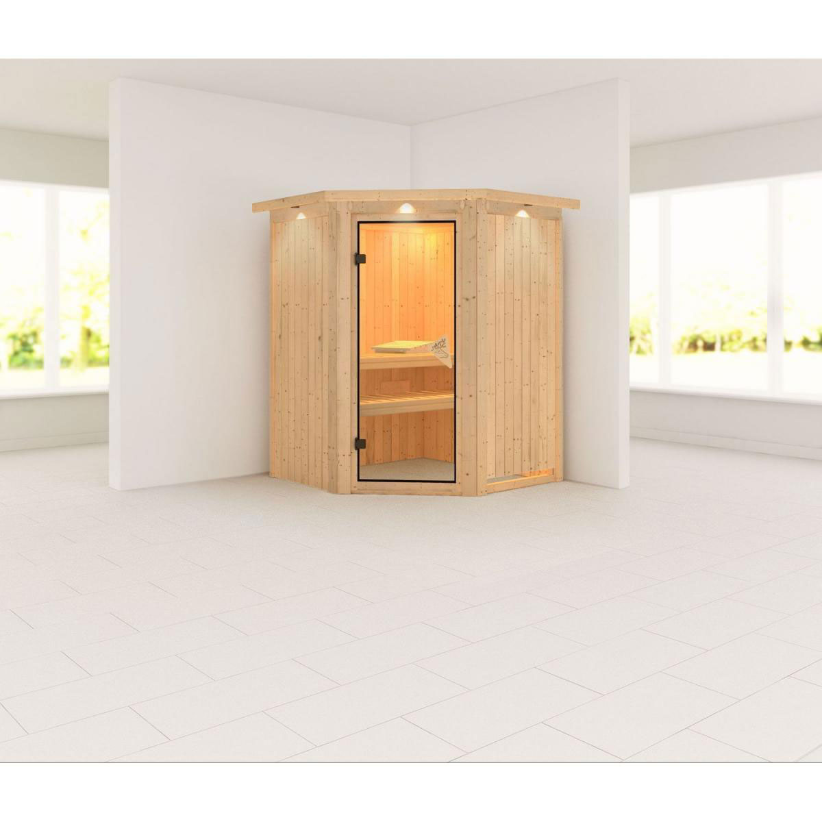 Karibu Systemsauna Nanja 68 mm ohne Ofen mit Kranz Bild 1