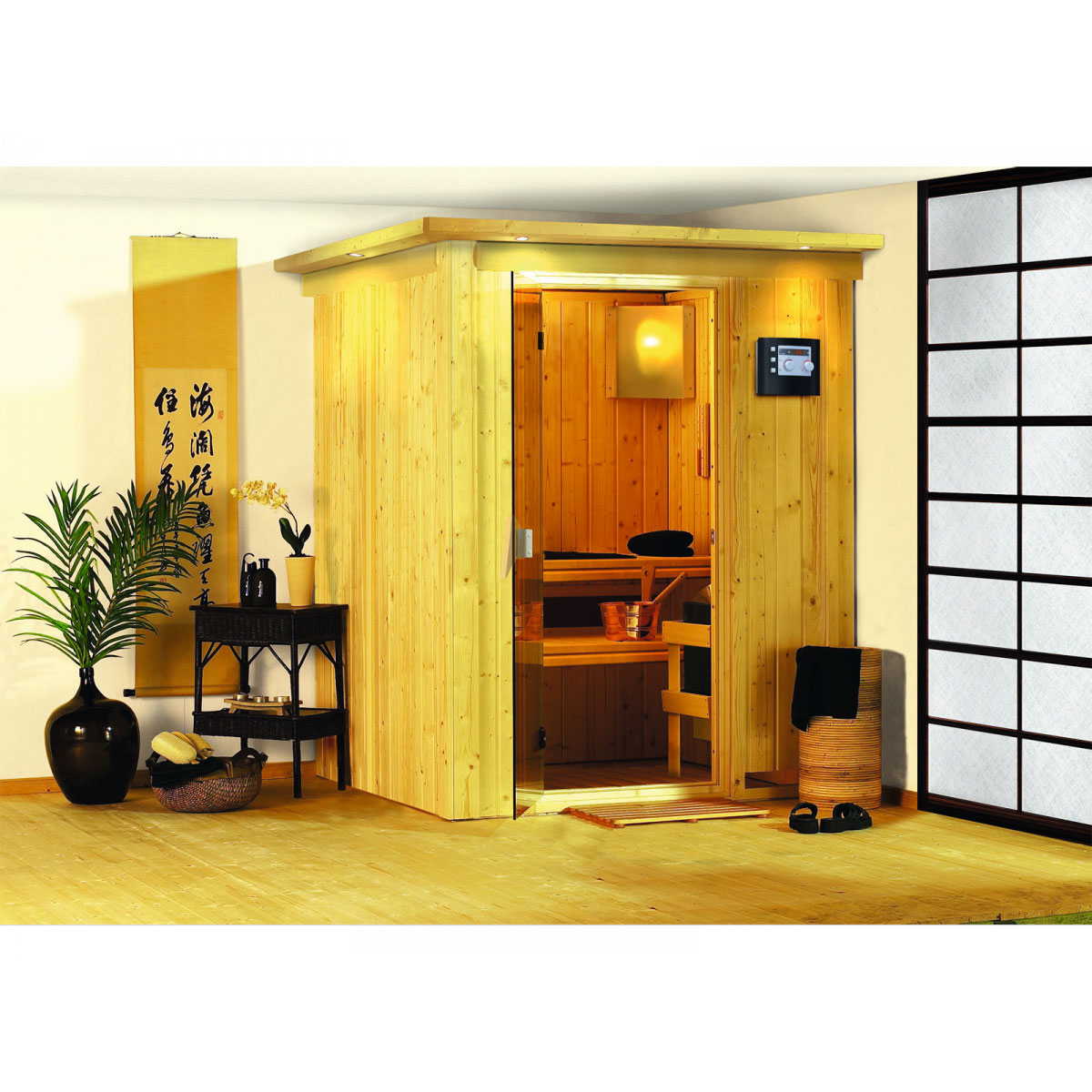 Karibu Systemsauna Minja 68 mm 3,6 kW Ofen Bio externe Strg mit Kranz