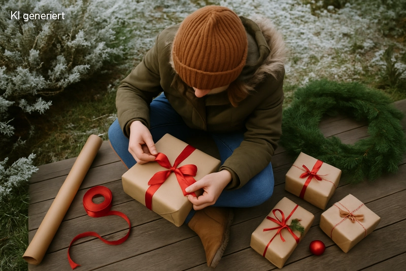 Mensch mit grüner Jacke sitzt im Schneidersitz auf der Terrasse und packt Weihnachtsgeschenke ein