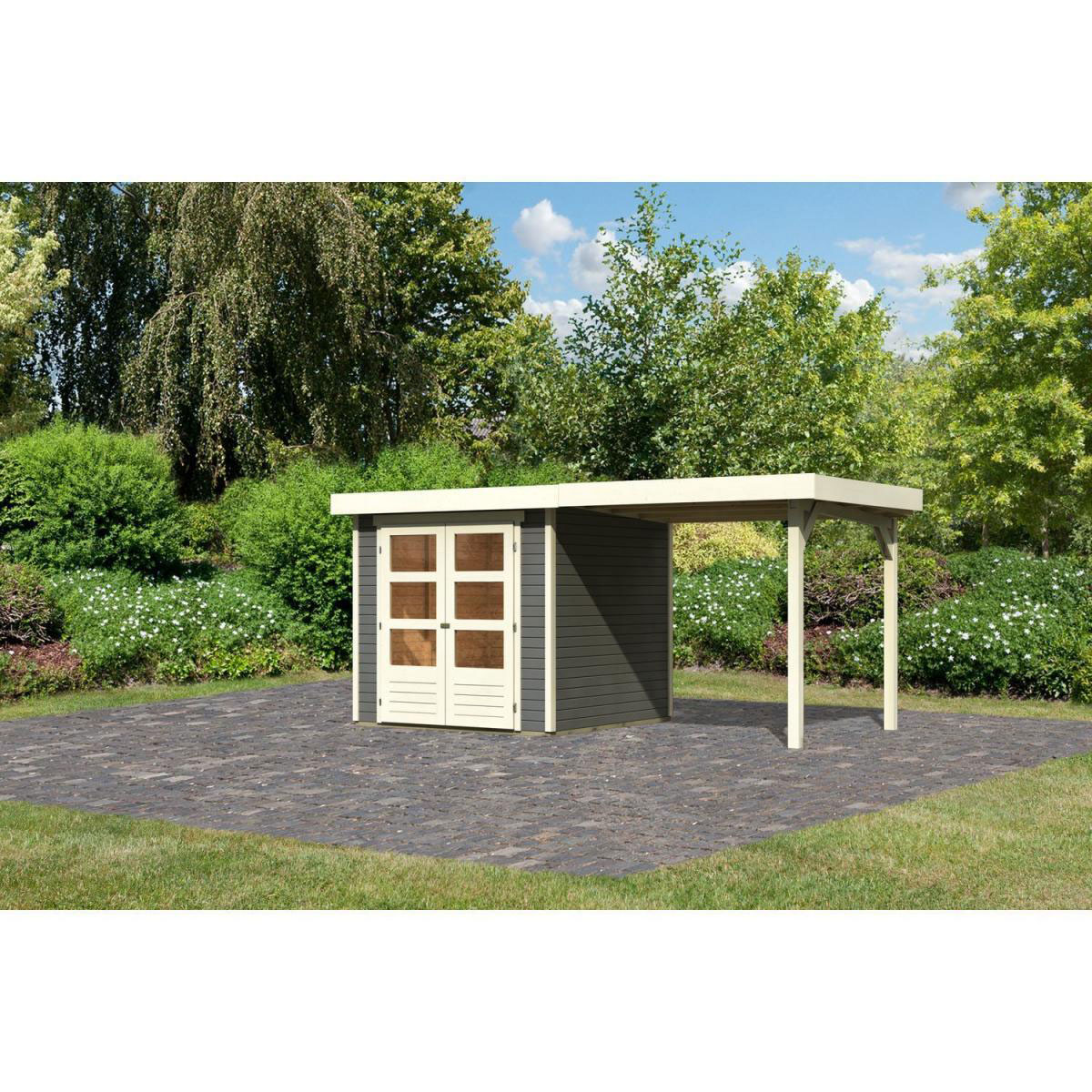 Karibu Gartenhaus-Set Askola 2 mit Anbaudach 2,40 m terragrau Bild 1