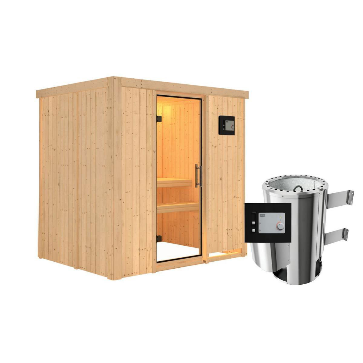 Karibu Sauna Fanja Fronteinstieg 3,6 kW Ofen externe Strg kein Kranz Klarglas-Tür Bild 1