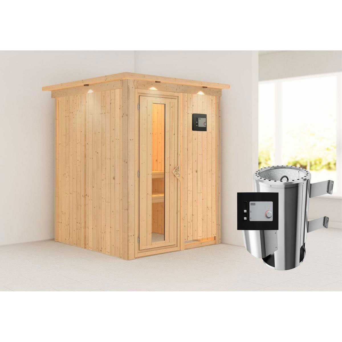 Karibu Sauna Minja Fronteinstieg 3,6 kW Ofen externe Strg mit Kranz Energiespartür Bild 7