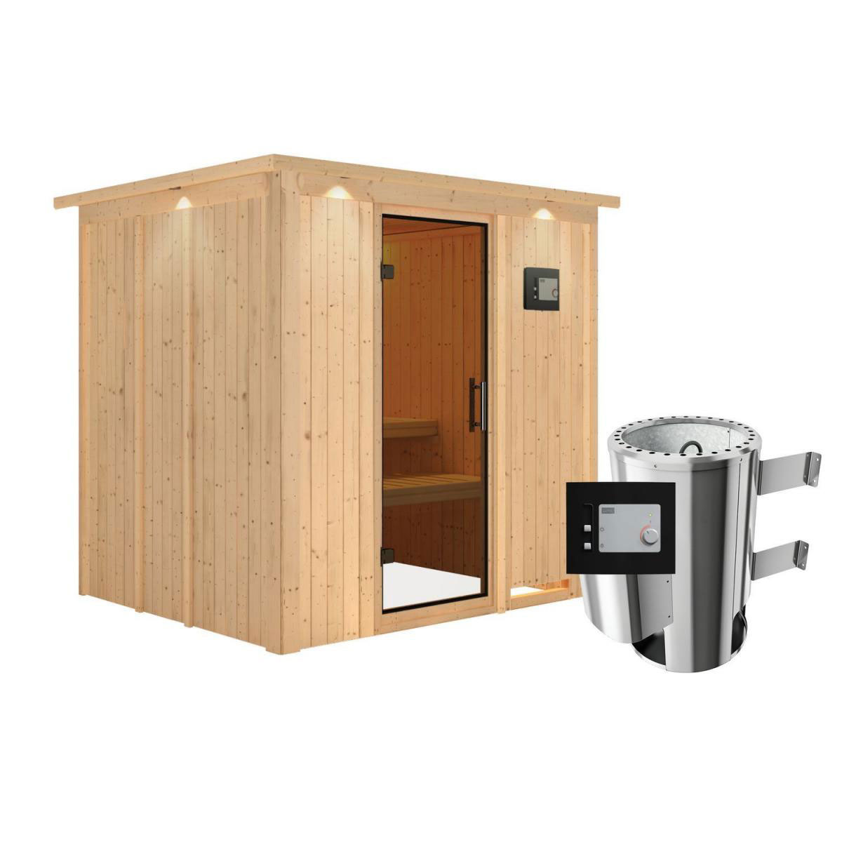 Karibu Sauna Daria Fronteinstieg 3,6 kW Ofen externe Strg modern mit Kranz graphitfarbene Glastür Bild 1