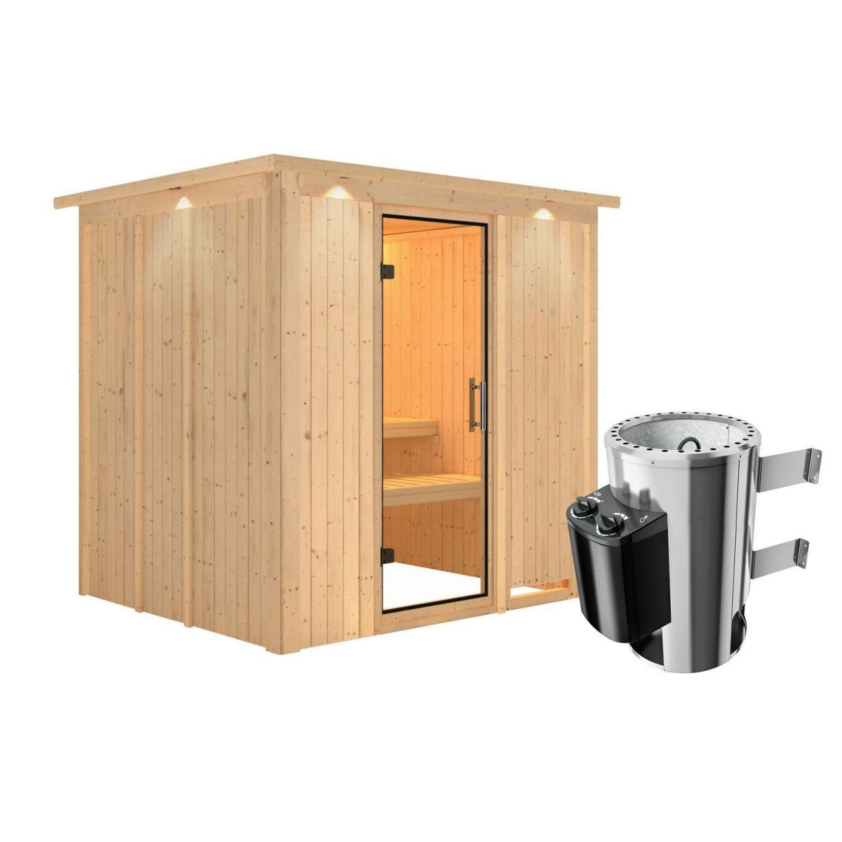 Karibu Sauna Daria Fronteinstieg 3,6 kW Ofen integr Strg mit Kranz Klarglas-Tür Bild 1