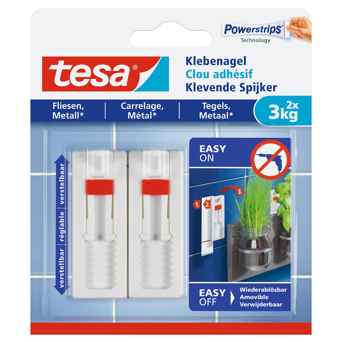 Tesa Klebenagel für Fliesen verstellbar 2 Stück Traglast 2 x 3 Kg Bild 1