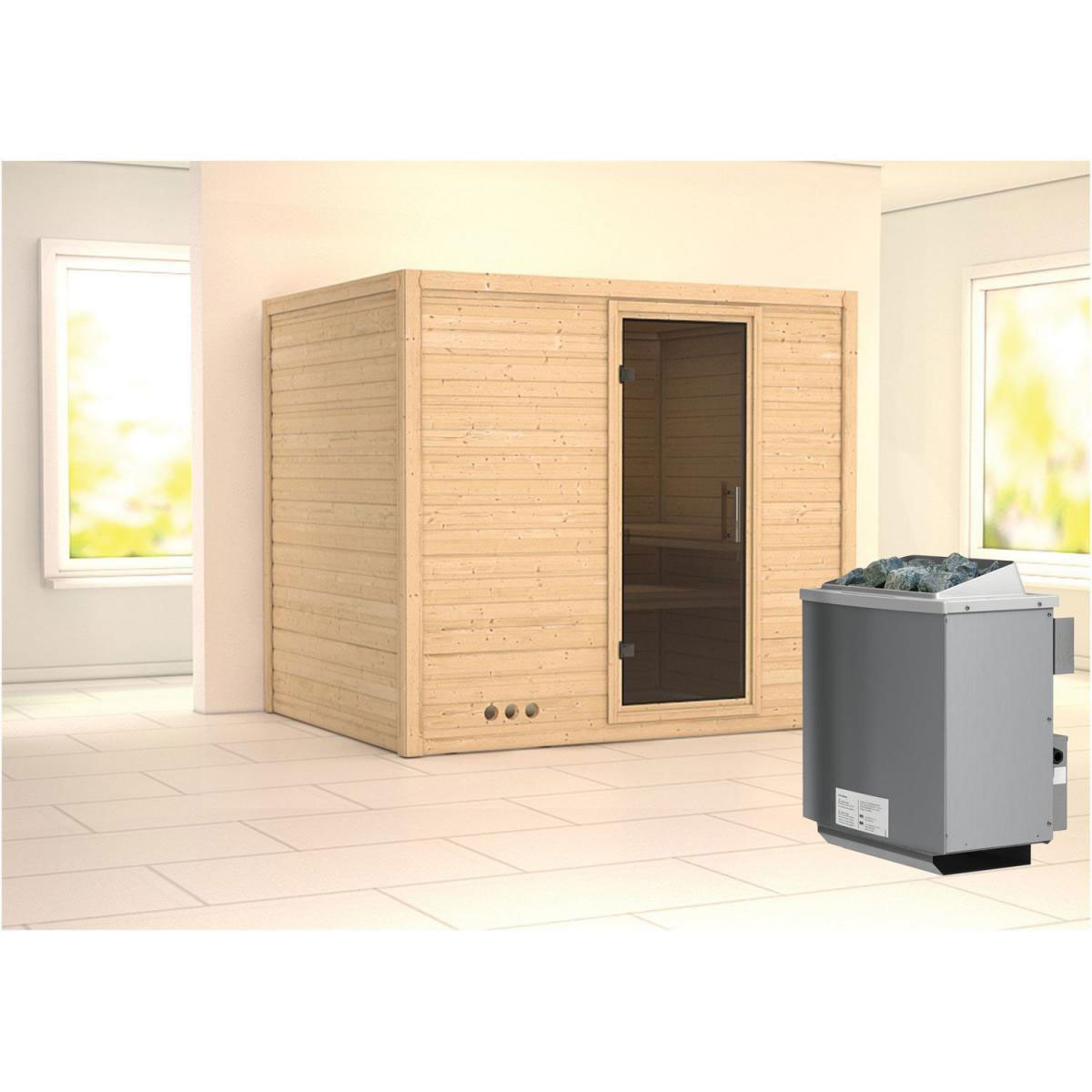 Karibu Sauna Sonara Fronteinstieg 9 kW integr Strg Tür graphit ohne Kranz Bild 1