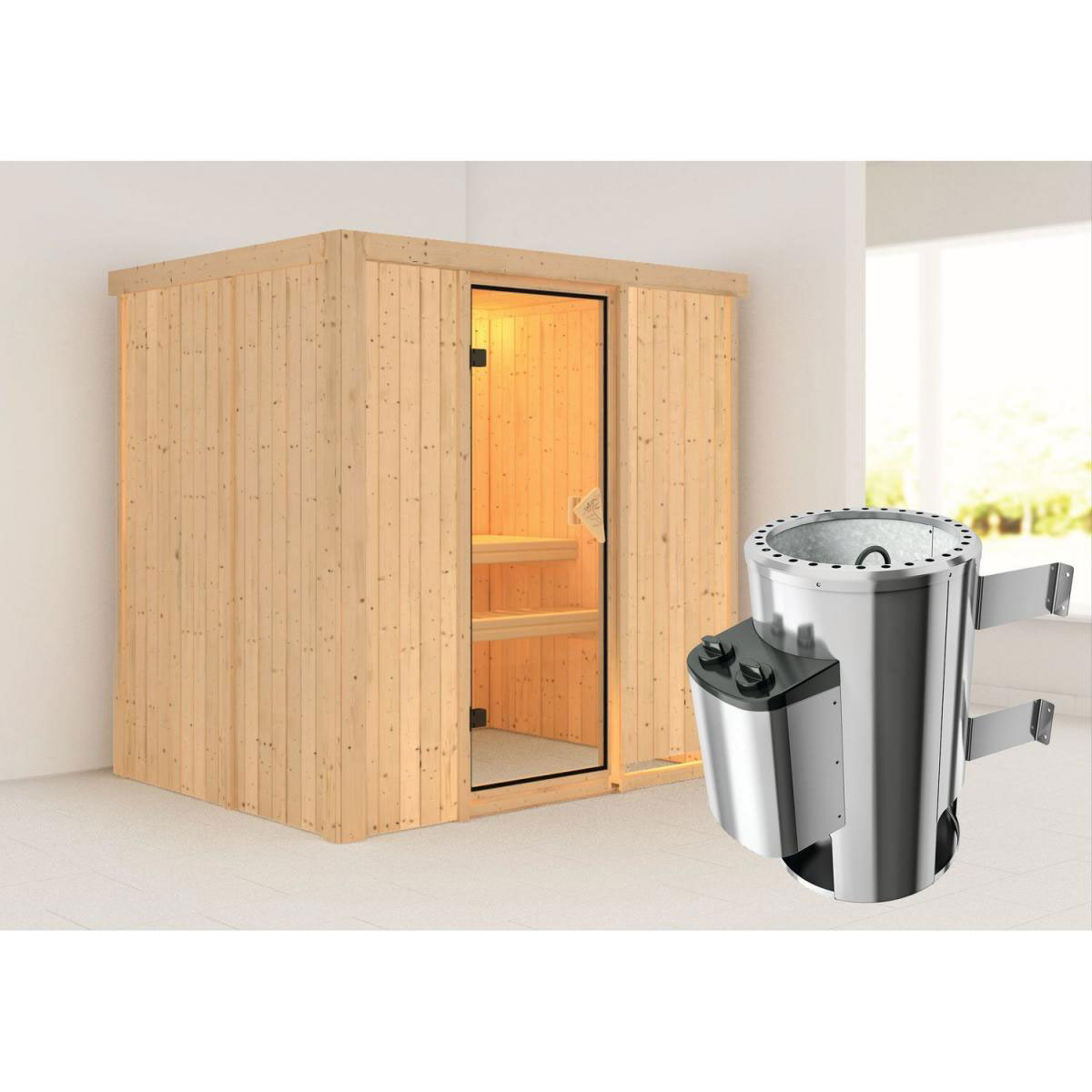 Karibu Systemsauna Fanja 68 mm 3,6 kW Ofen integr Strg ohne Dachkranz Bild 1