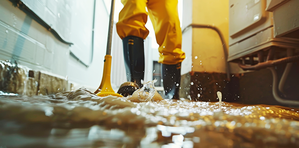 Eine Person in Gummistiefeln schiebt Wasser mit einem Besen auf einem überfluteten Boden.