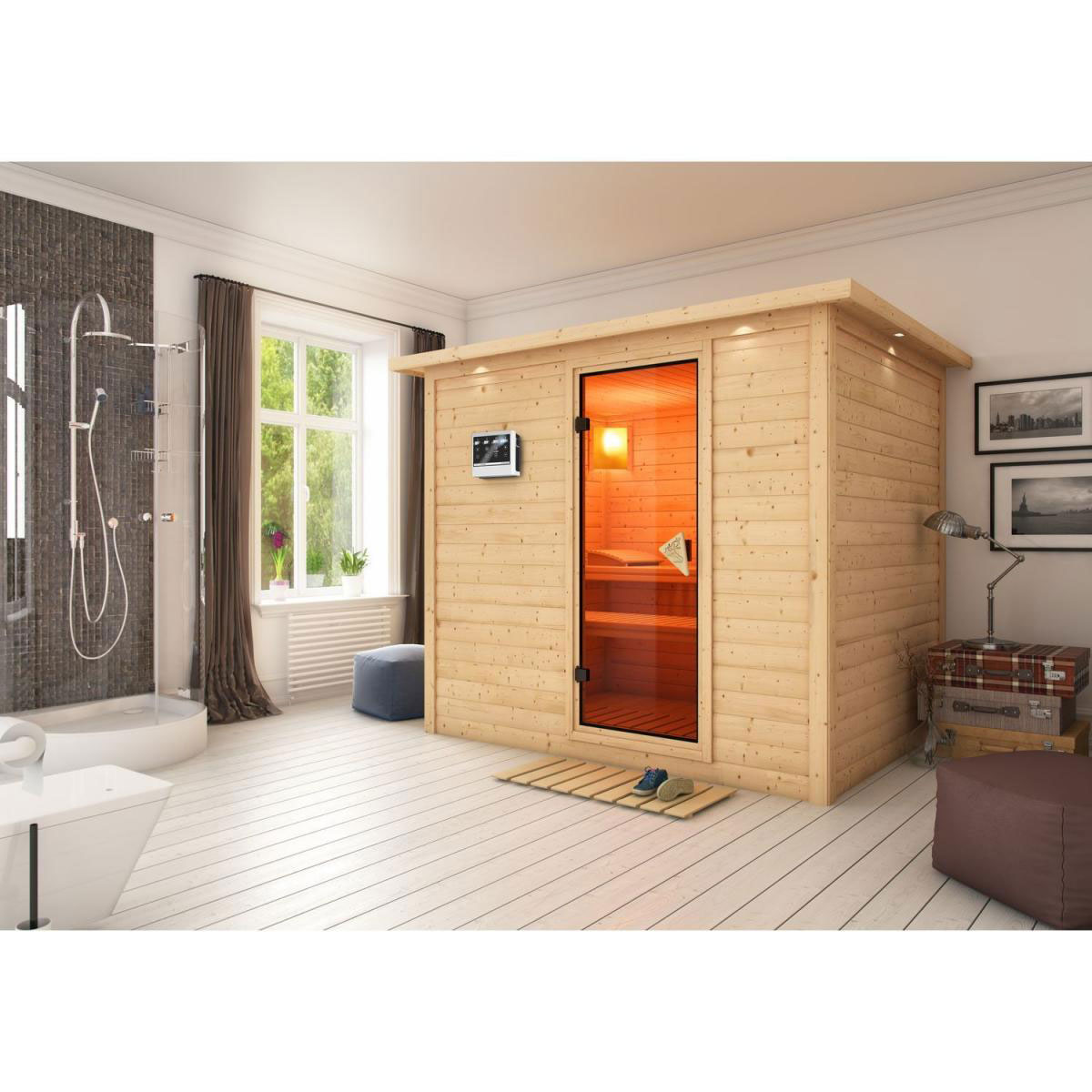 Karibu Massivholzsauna Sonara 3 40 mm 9 kW Ofen integr Strg ohne Kranz Bild 5