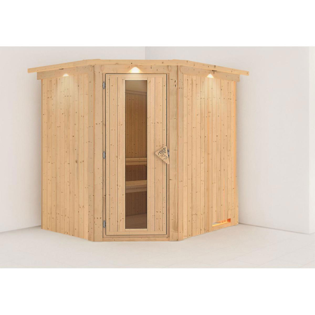 Karibu Sauna Lilja Eckeinstieg ohne Ofen mit Kranz Energiespartür Bild 6