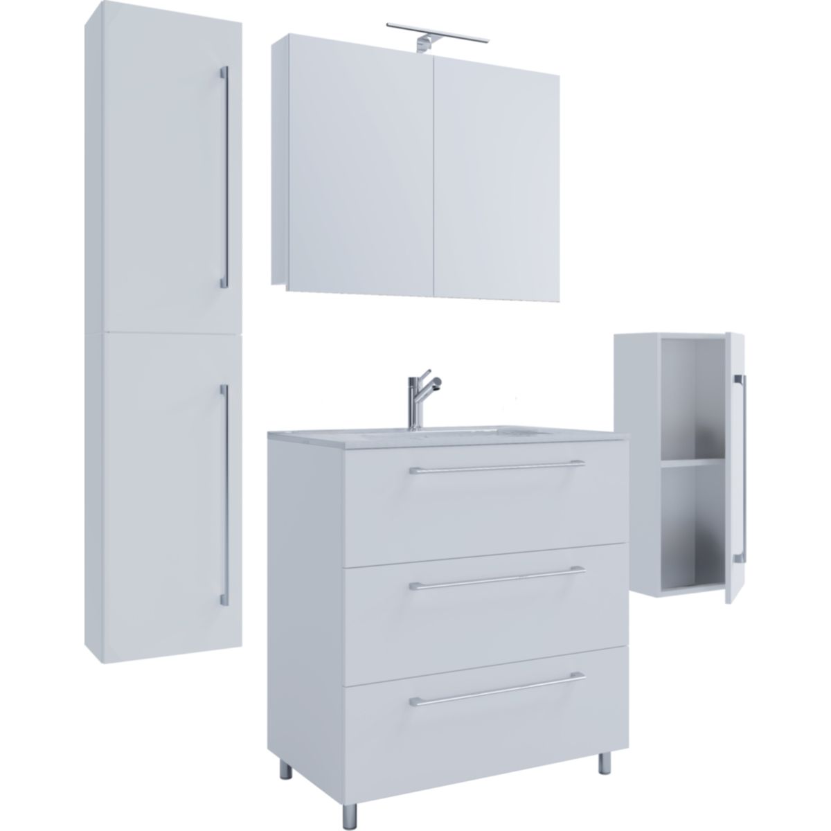 Stand-Waschplatz 60 cm 5-teiliges Set 3 Schubfächer mit Spiegelschrank weiß Bild 3