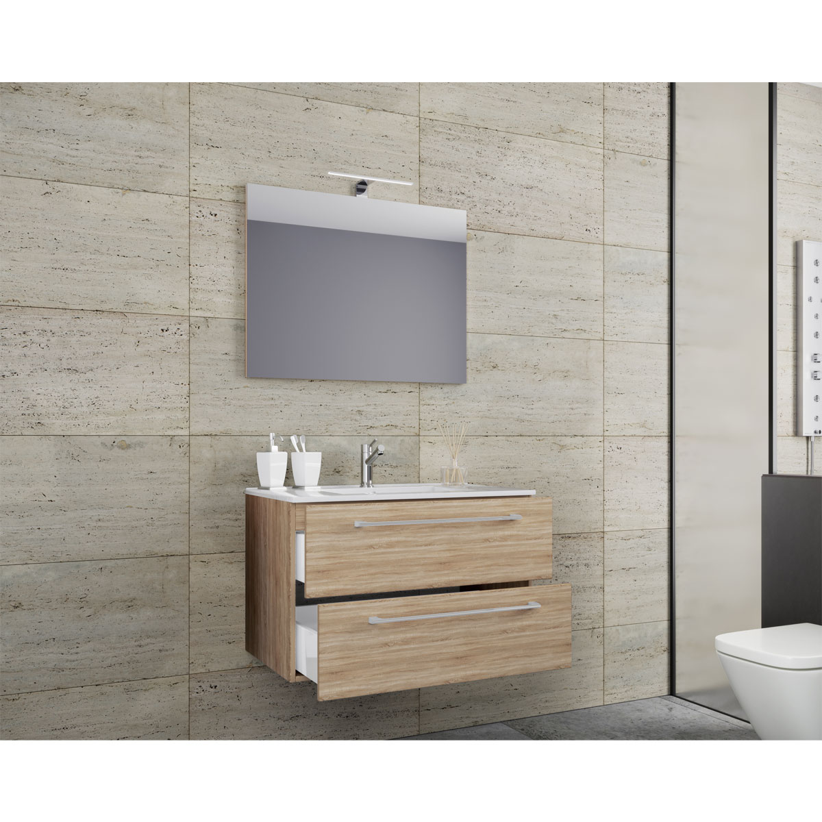 Waschplatz 80 cm 3-teilig 2 Schubfächer mit Spiegel Sonoma-Eiche Bild 3