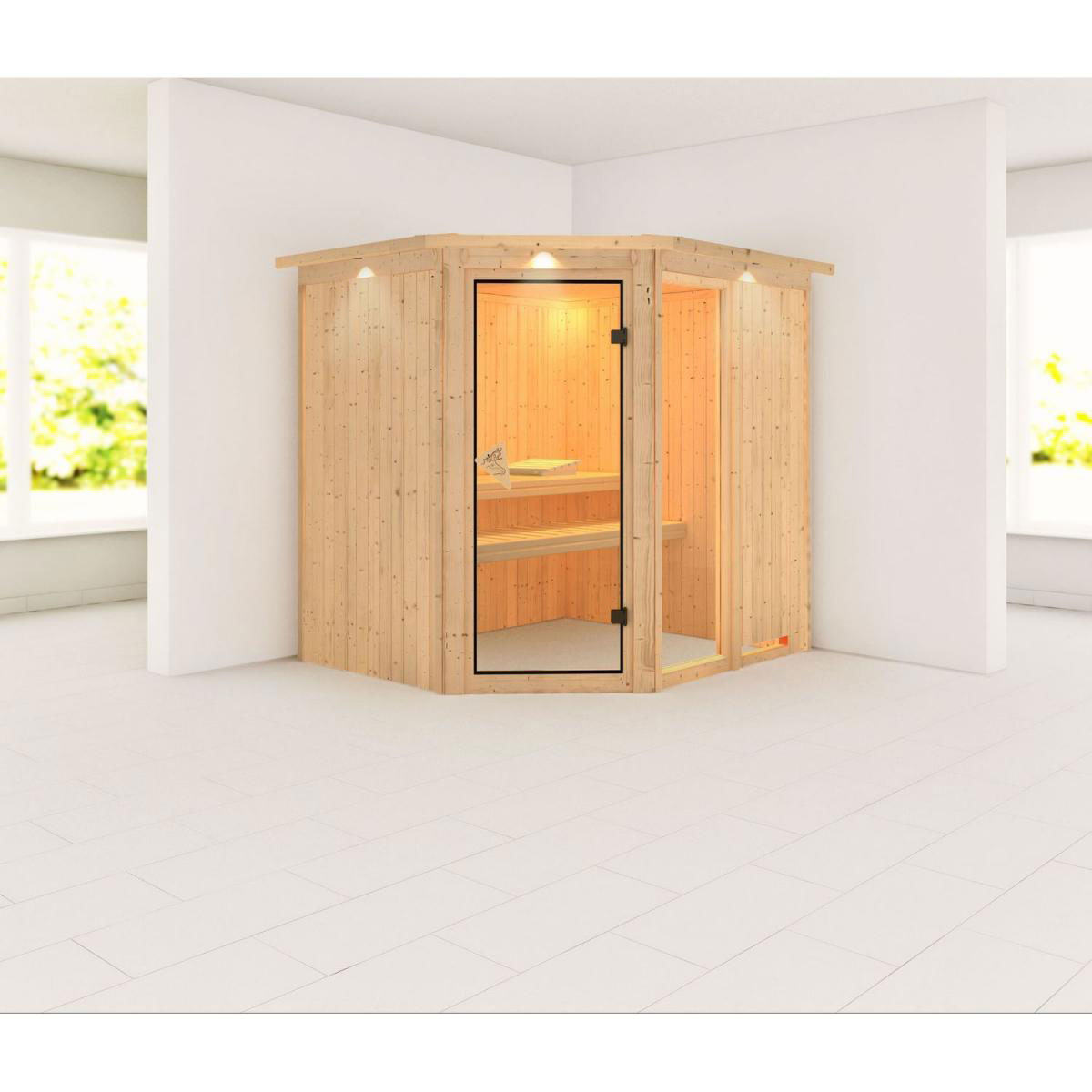 Karibu Systemsauna Fiona 2 68 mm ohne Ofen mit Dachkranz Bild 1