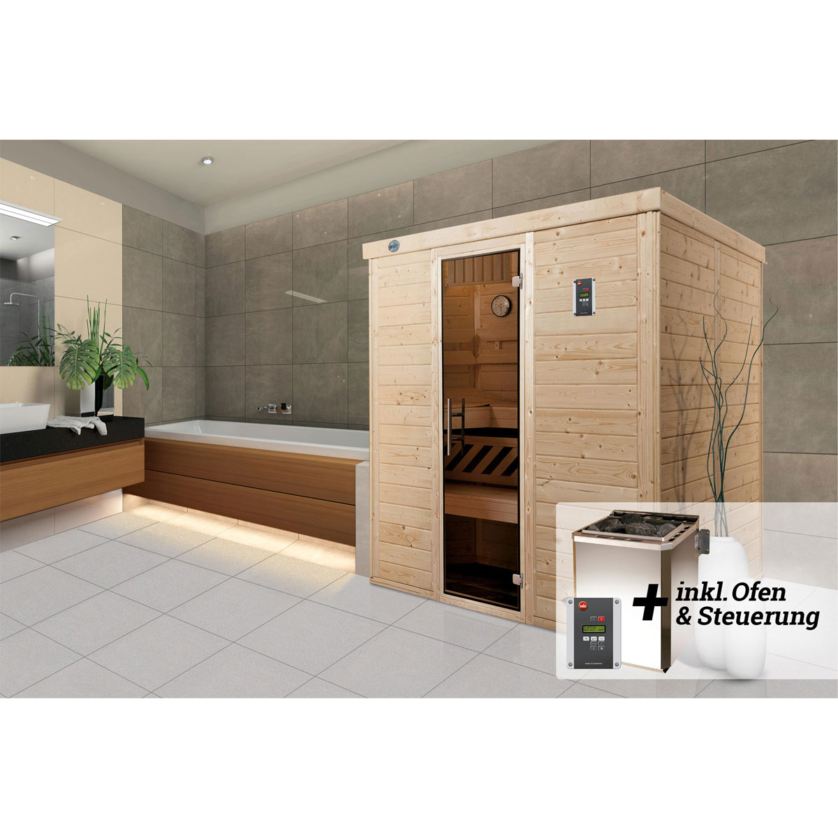 Weka  Premium Massivholz-Elementsauna Kemi Eck Größe 3 Sparset 7,5 kW Bio S Bild 2